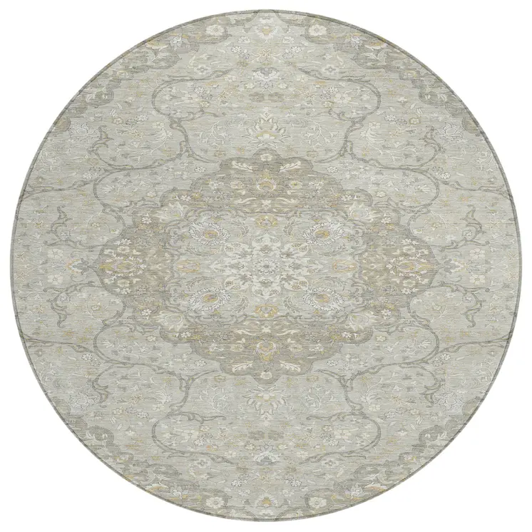 8' Taupe And Ivory Round Medallion Washable Indoor Outdoor Area Rug