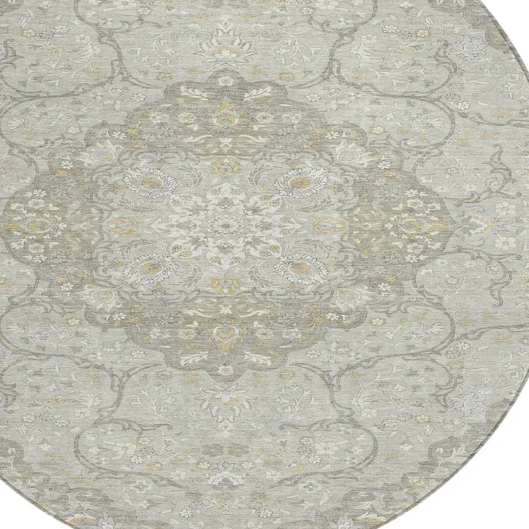 8' Taupe And Ivory Round Medallion Washable Indoor Outdoor Area Rug