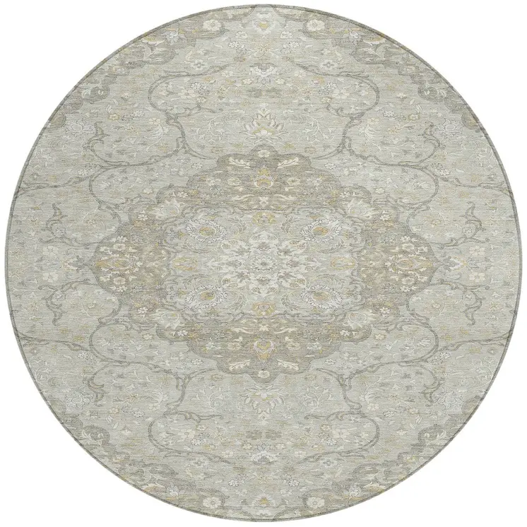 8' Taupe And Ivory Round Medallion Washable Indoor Outdoor Area Rug