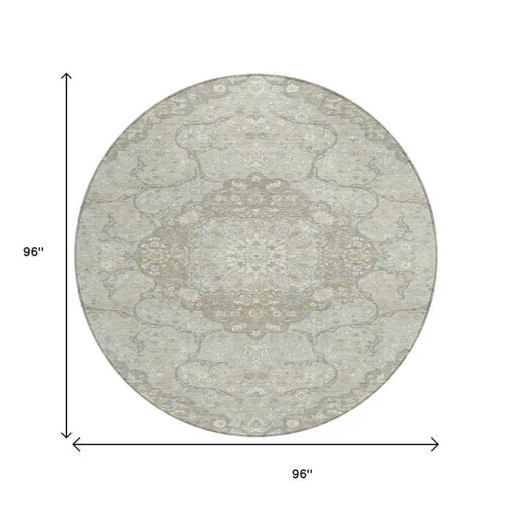 8' Taupe And Ivory Round Medallion Washable Indoor Outdoor Area Rug