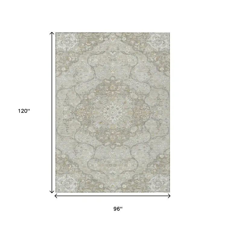 8' X 10' Taupe And Ivory Medallion Washable Indoor Outdoor Area Rug