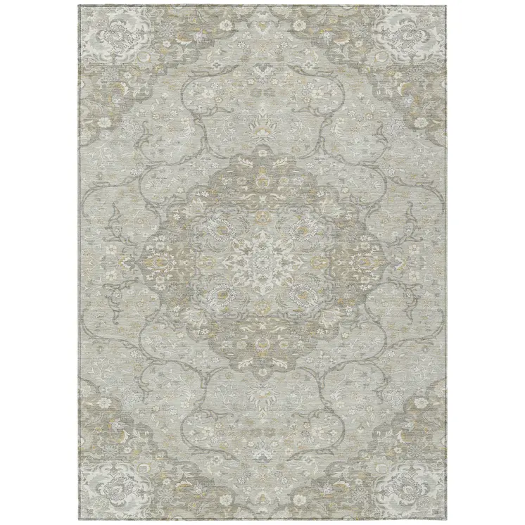 9' X 12' Taupe And Ivory Medallion Washable Indoor Outdoor Area Rug
