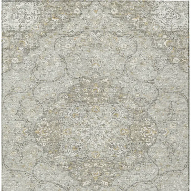 10' X 14' Taupe And Ivory Medallion Washable Indoor Outdoor Area Rug