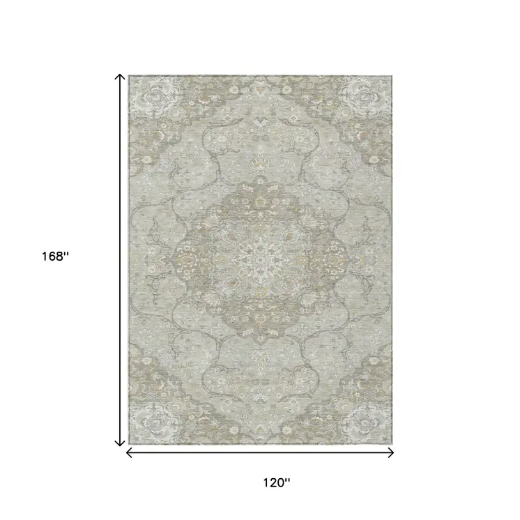 10' X 14' Taupe And Ivory Medallion Washable Indoor Outdoor Area Rug
