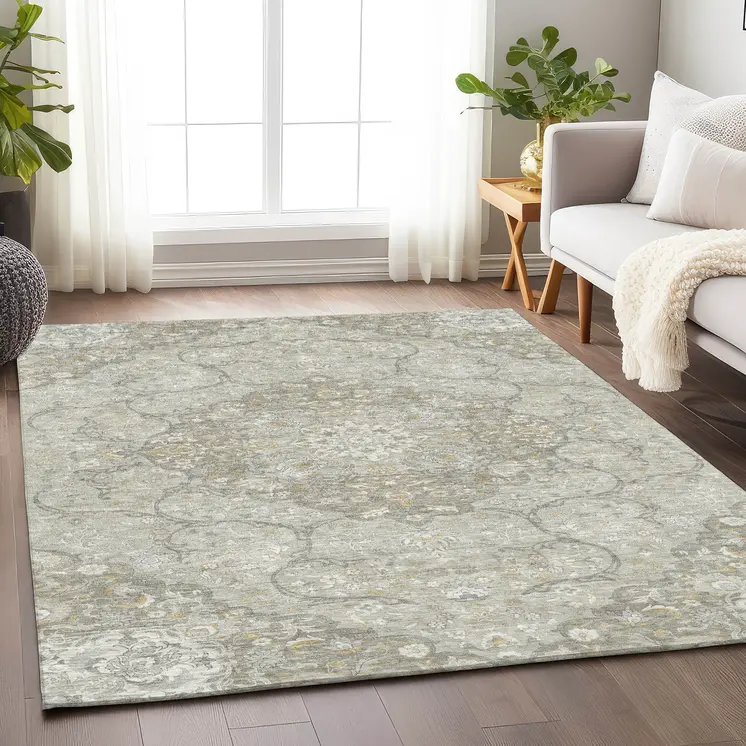 10' X 14' Taupe And Ivory Medallion Washable Indoor Outdoor Area Rug