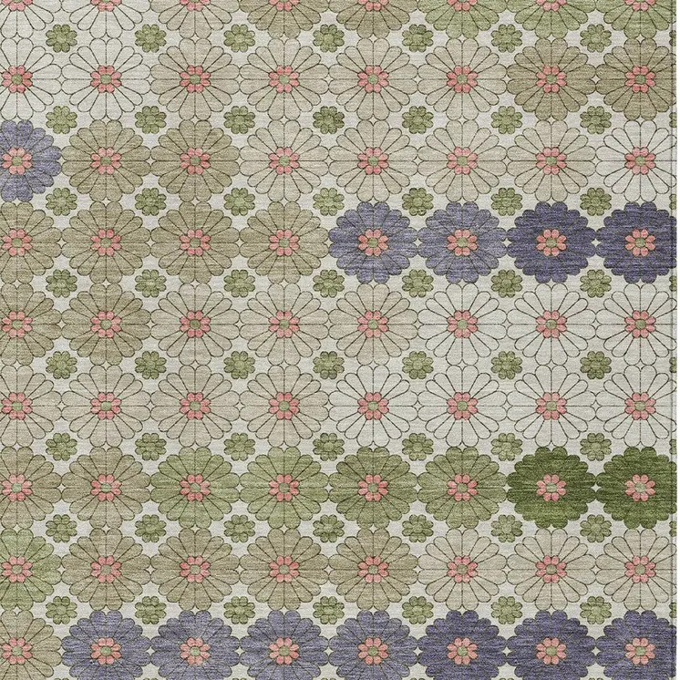 3' X 5' Artichoke Green Purple And Ivory Floral Washable Indoor Outdoor Area Rug