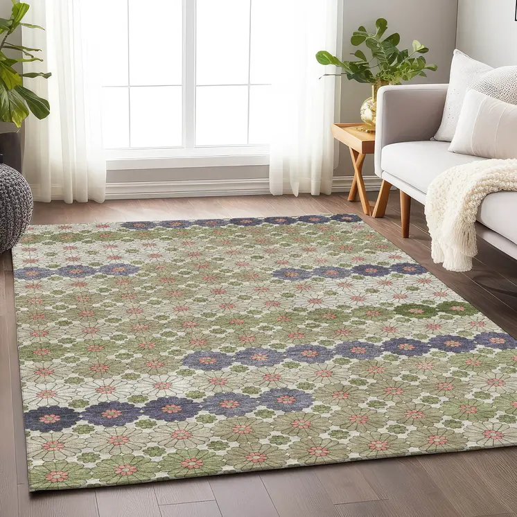 5' X 8' Artichoke Green Purple And Ivory Floral Washable Indoor Outdoor Area Rug