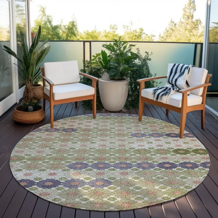 8' Artichoke Green Purple And Ivory Round Floral Washable Indoor Outdoor Area Rug