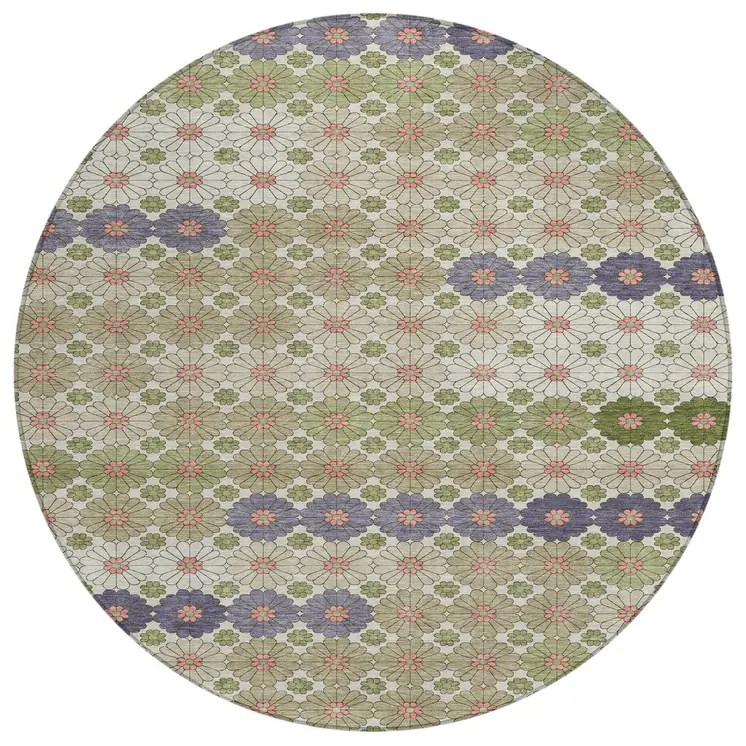 8' Artichoke Green Purple And Ivory Round Floral Washable Indoor Outdoor Area Rug