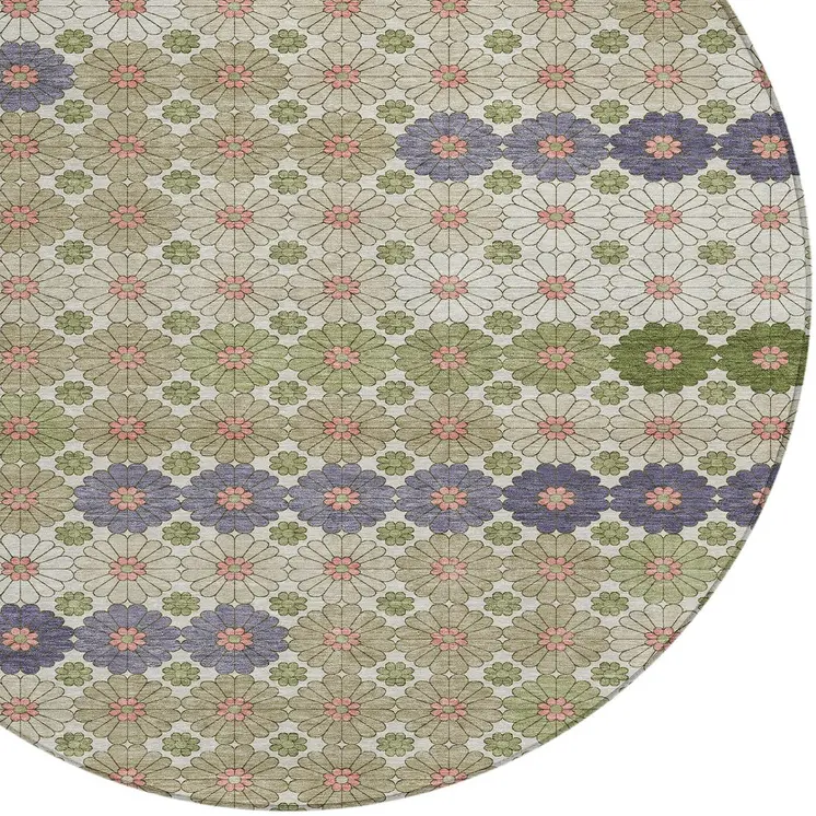 8' Artichoke Green Purple And Ivory Round Floral Washable Indoor Outdoor Area Rug