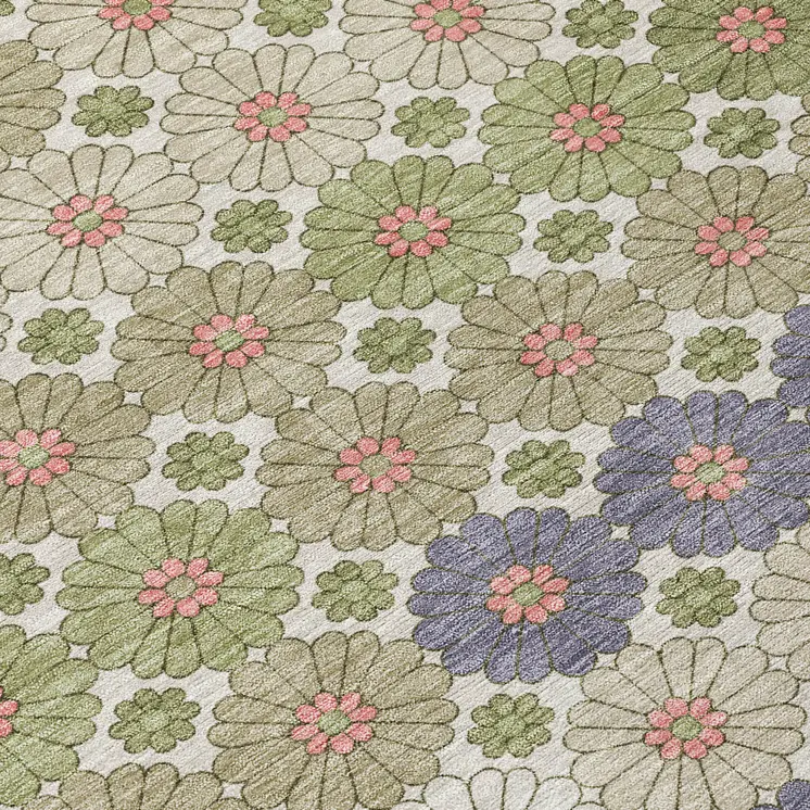 8' Artichoke Green Purple And Ivory Round Floral Washable Indoor Outdoor Area Rug