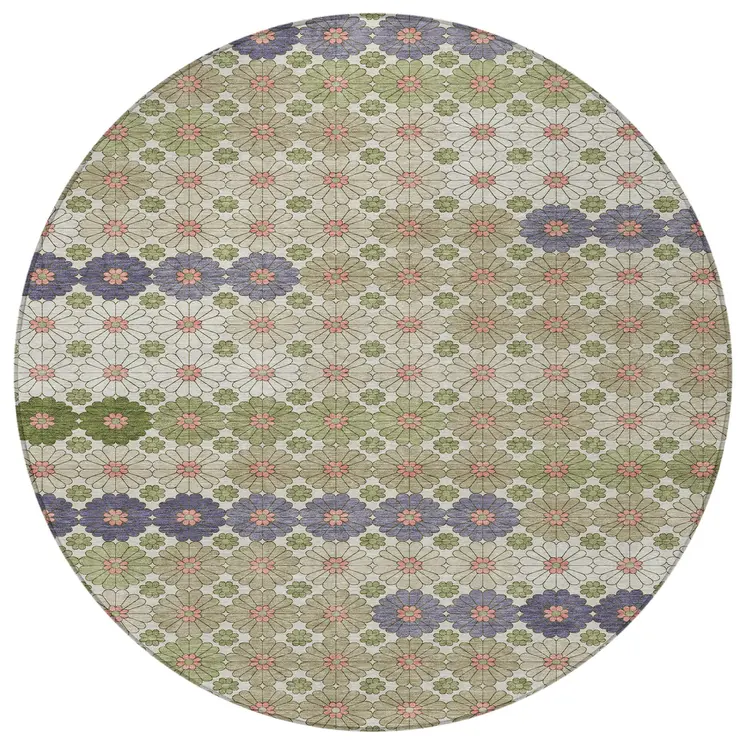 8' Artichoke Green Purple And Ivory Round Floral Washable Indoor Outdoor Area Rug