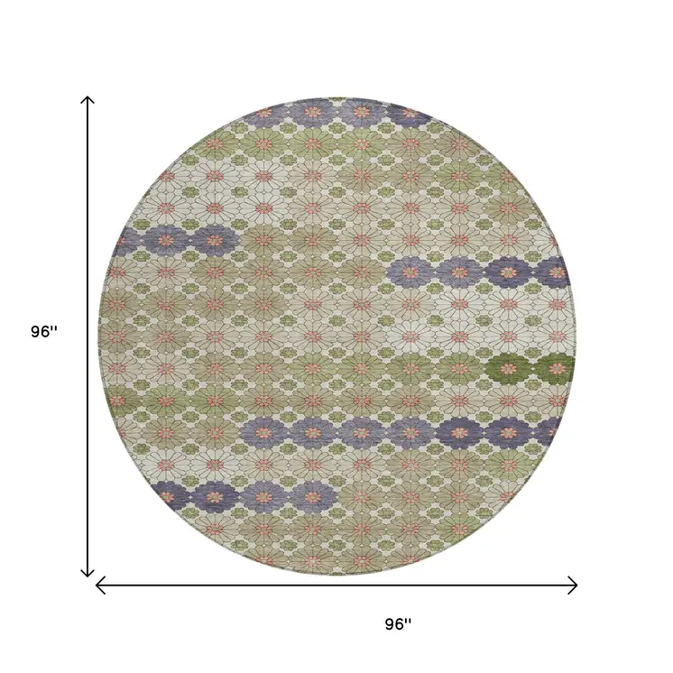 8' Artichoke Green Purple And Ivory Round Floral Washable Indoor Outdoor Area Rug