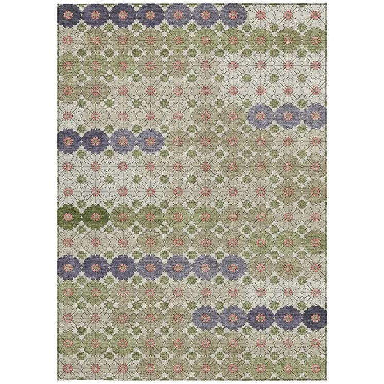 9' X 12' Artichoke Green Purple And Ivory Floral Washable Indoor Outdoor Area Rug