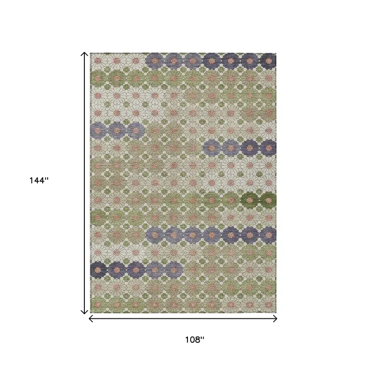 9' X 12' Artichoke Green Purple And Ivory Floral Washable Indoor Outdoor Area Rug