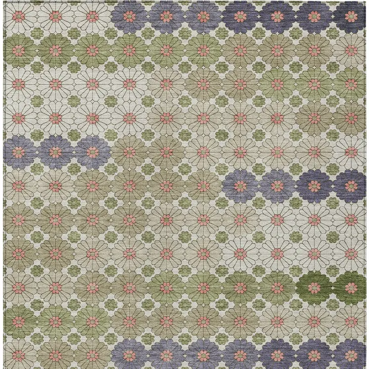 10' X 14' Artichoke Green Purple And Ivory Floral Washable Indoor Outdoor Area Rug