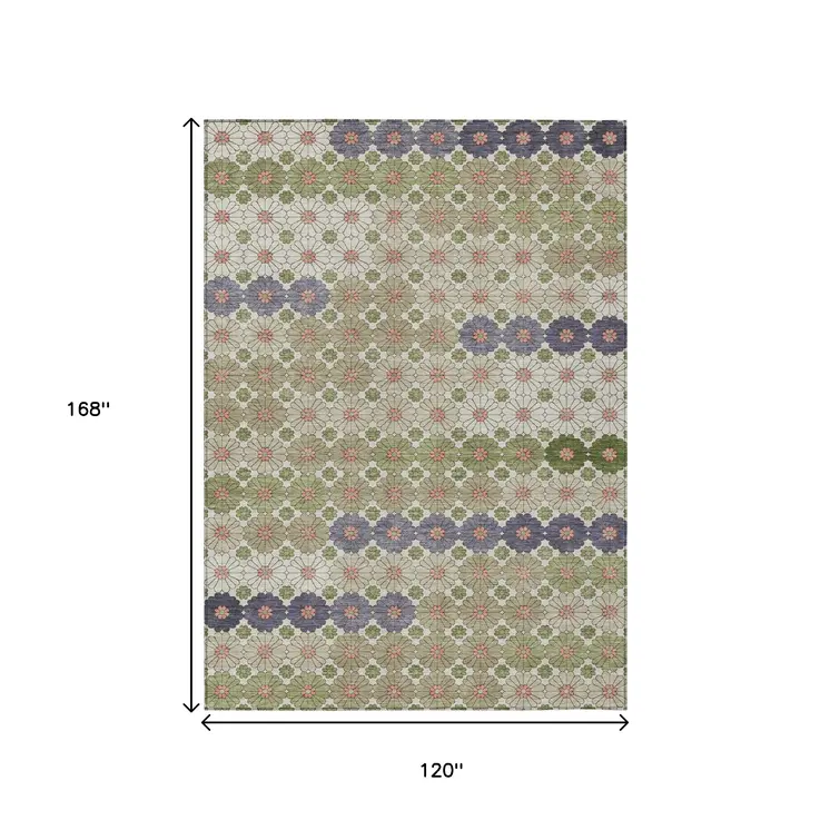 10' X 14' Artichoke Green Purple And Ivory Floral Washable Indoor Outdoor Area Rug