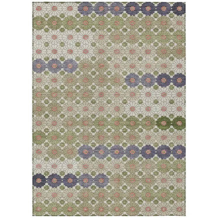 10' X 14' Artichoke Green Purple And Ivory Floral Washable Indoor Outdoor Area Rug