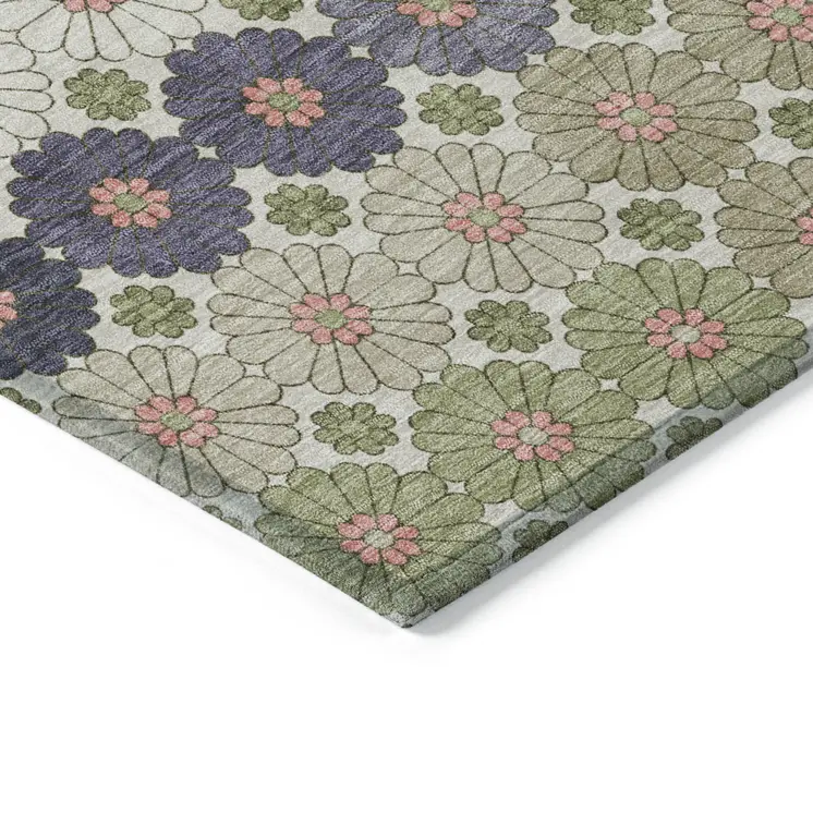 10' X 14' Artichoke Green Purple And Ivory Floral Washable Indoor Outdoor Area Rug