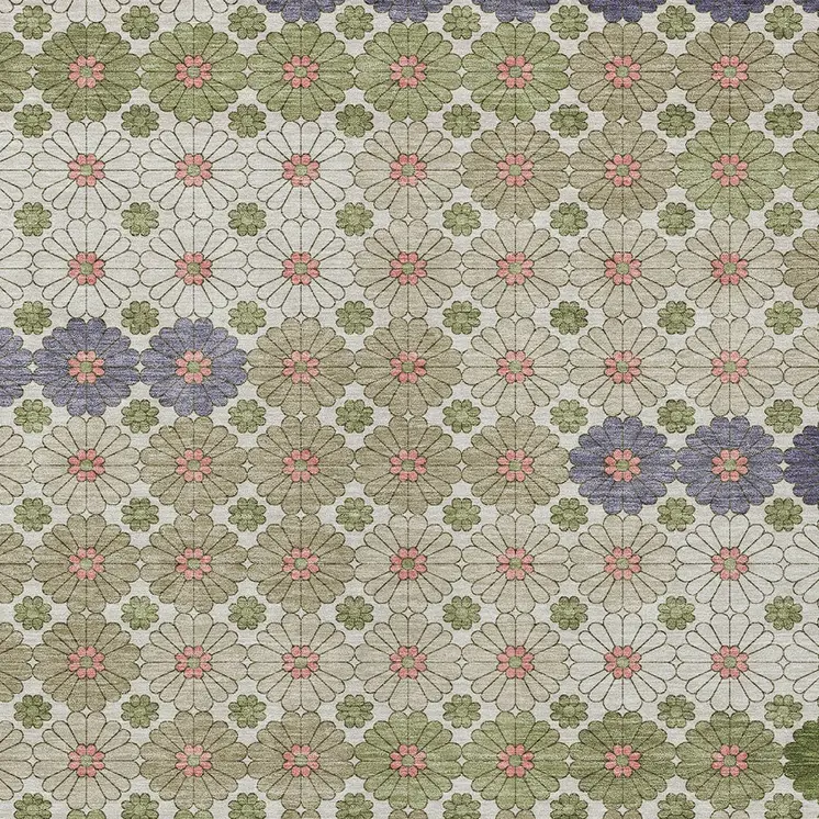 10' X 14' Artichoke Green Purple And Ivory Floral Washable Indoor Outdoor Area Rug