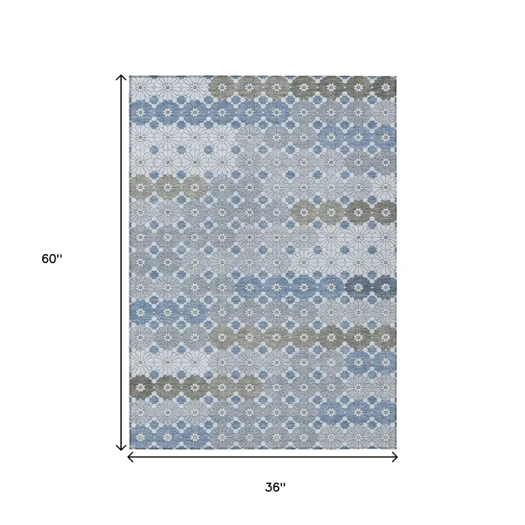 3' X 5' Denim Blue Gray And Ivory Floral Washable Indoor Outdoor Area Rug