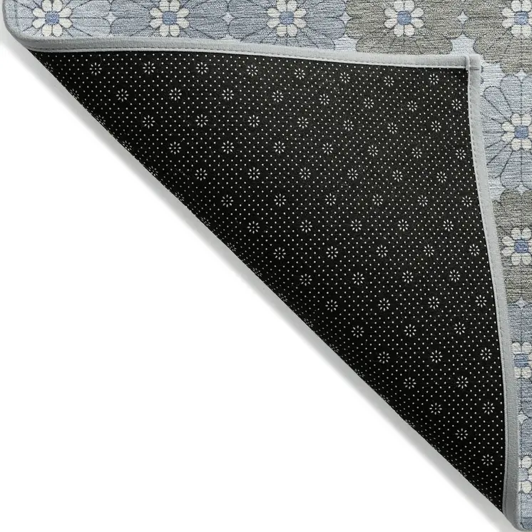 3' X 5' Denim Blue Gray And Ivory Floral Washable Indoor Outdoor Area Rug