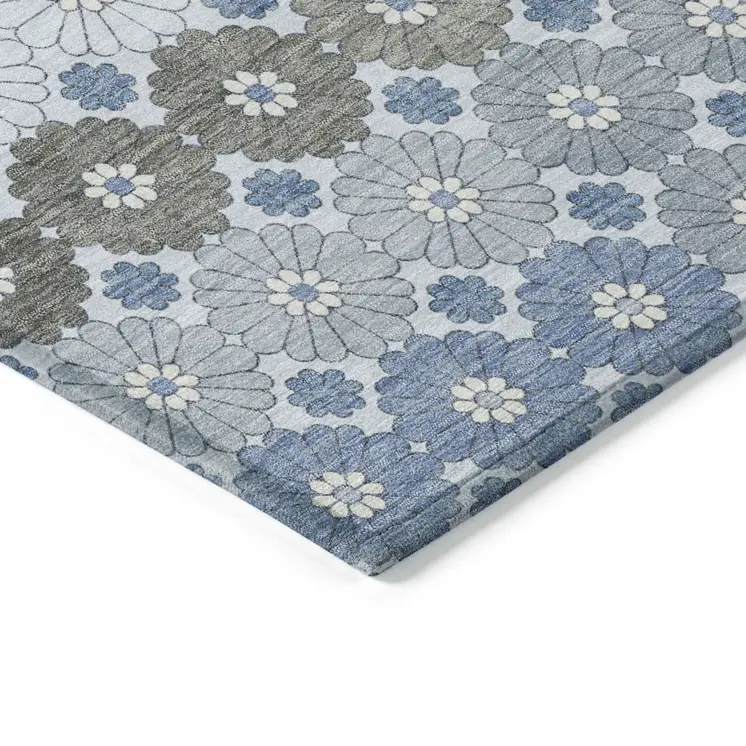 3' X 5' Denim Blue Gray And Ivory Floral Washable Indoor Outdoor Area Rug