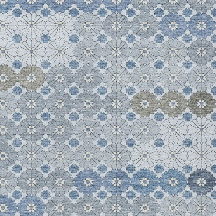 3' X 5' Denim Blue Gray And Ivory Floral Washable Indoor Outdoor Area Rug