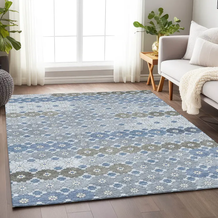 3' X 5' Denim Blue Gray And Ivory Floral Washable Indoor Outdoor Area Rug