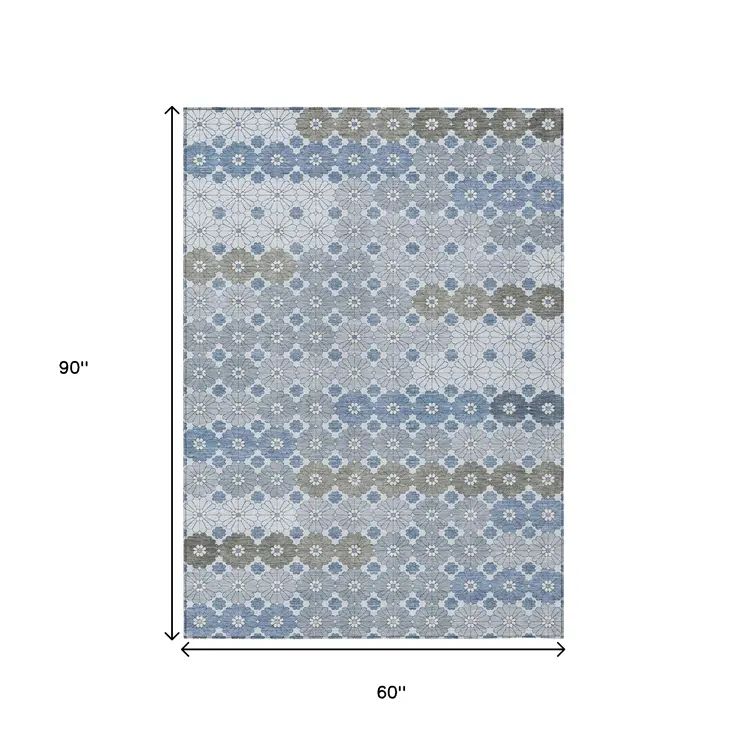5' X 8' Denim Blue Gray And Ivory Floral Washable Indoor Outdoor Area Rug