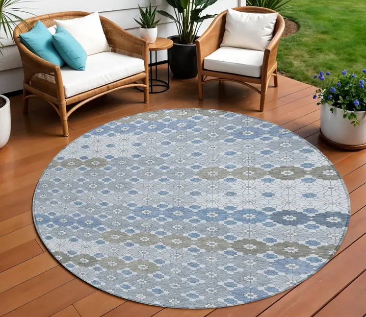 8' Denim Blue Gray And Ivory Round Floral Washable Indoor Outdoor Area Rug