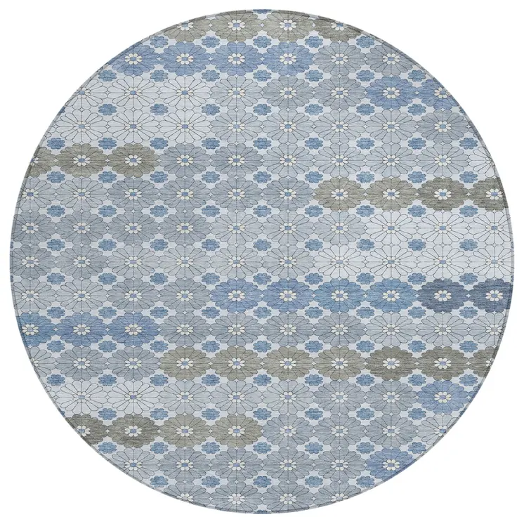 8' Denim Blue Gray And Ivory Round Floral Washable Indoor Outdoor Area Rug