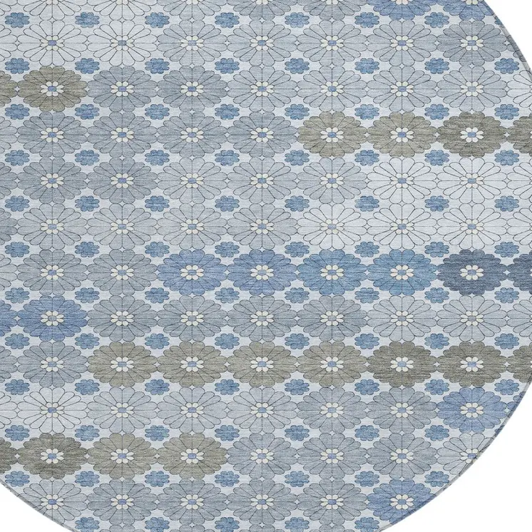 8' Denim Blue Gray And Ivory Round Floral Washable Indoor Outdoor Area Rug