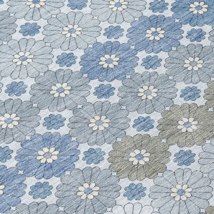 8' Denim Blue Gray And Ivory Round Floral Washable Indoor Outdoor Area Rug