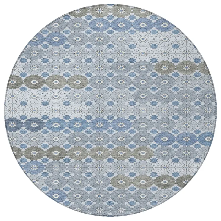 8' Denim Blue Gray And Ivory Round Floral Washable Indoor Outdoor Area Rug