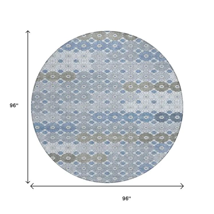 8' Denim Blue Gray And Ivory Round Floral Washable Indoor Outdoor Area Rug