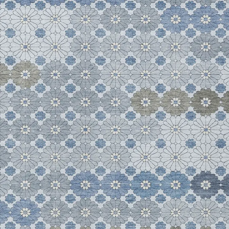 9' X 12' Denim Blue Gray And Ivory Floral Washable Indoor Outdoor Area Rug
