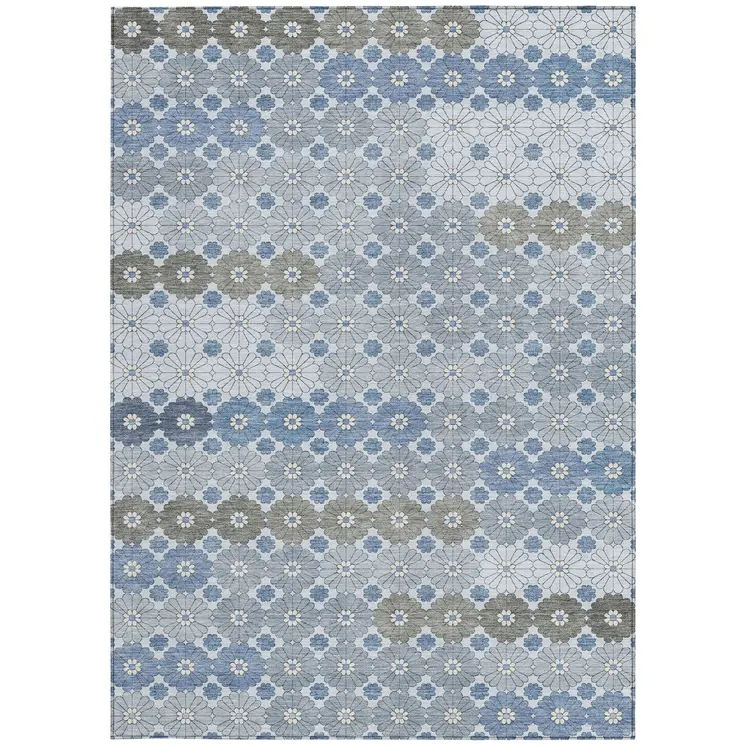 10' X 14' Denim Blue Gray And Ivory Floral Washable Indoor Outdoor Area Rug