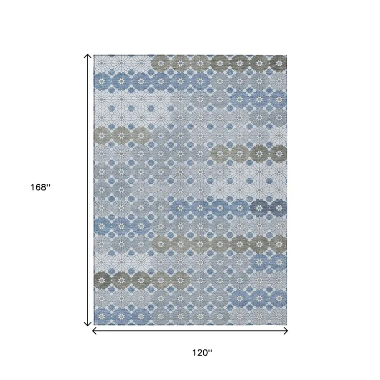 10' X 14' Denim Blue Gray And Ivory Floral Washable Indoor Outdoor Area Rug