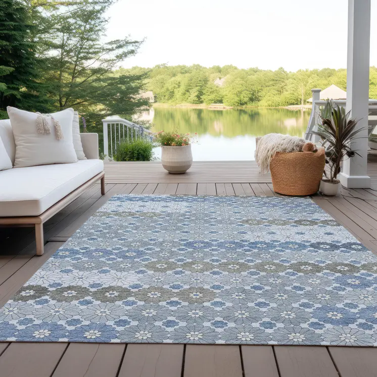 10' X 14' Denim Blue Gray And Ivory Floral Washable Indoor Outdoor Area Rug