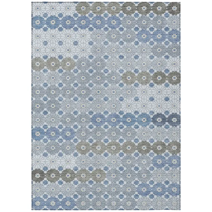 10' X 14' Denim Blue Gray And Ivory Floral Washable Indoor Outdoor Area Rug