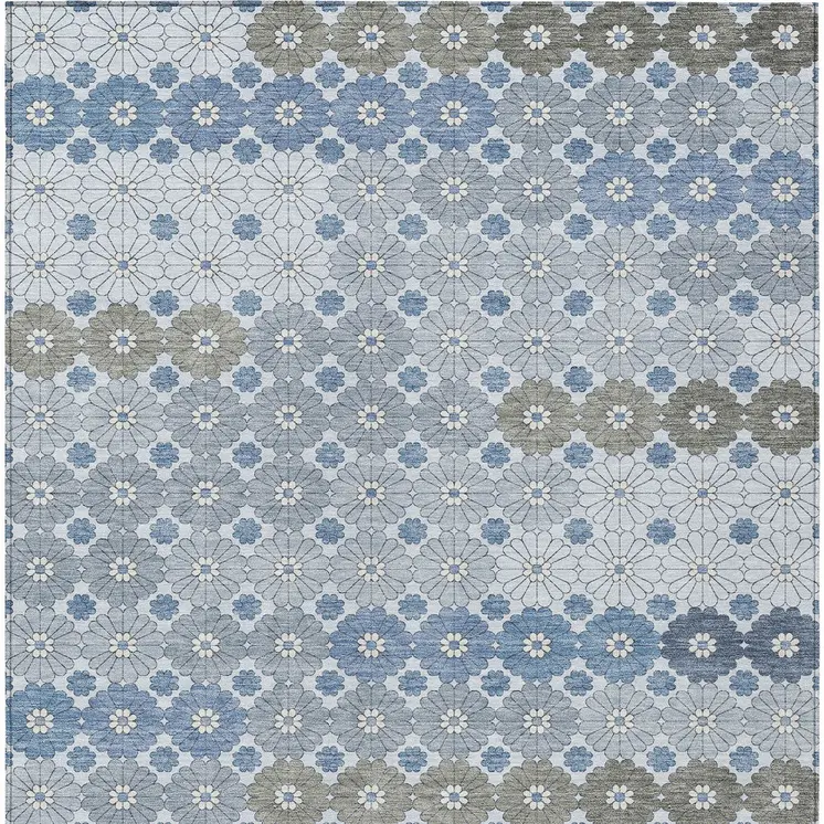 10' X 14' Denim Blue Gray And Ivory Floral Washable Indoor Outdoor Area Rug