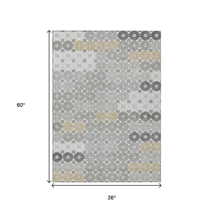 3' X 5' Gray Beige And Ivory Floral Washable Indoor Outdoor Area Rug