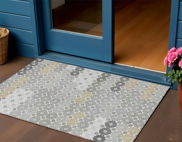 3' X 5' Gray Beige And Ivory Floral Washable Indoor Outdoor Area Rug