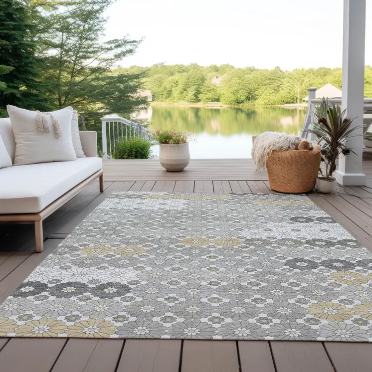 3' X 5' Gray Beige And Ivory Floral Washable Indoor Outdoor Area Rug