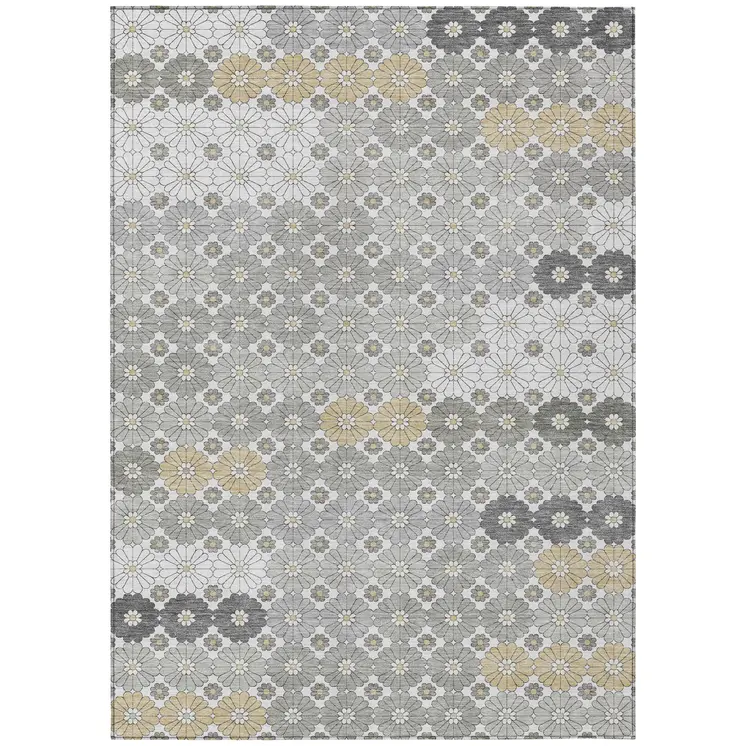 3' X 5' Gray Beige And Ivory Floral Washable Indoor Outdoor Area Rug