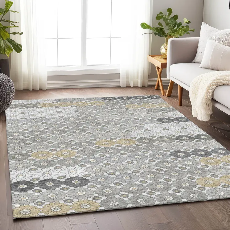 3' X 5' Gray Beige And Ivory Floral Washable Indoor Outdoor Area Rug