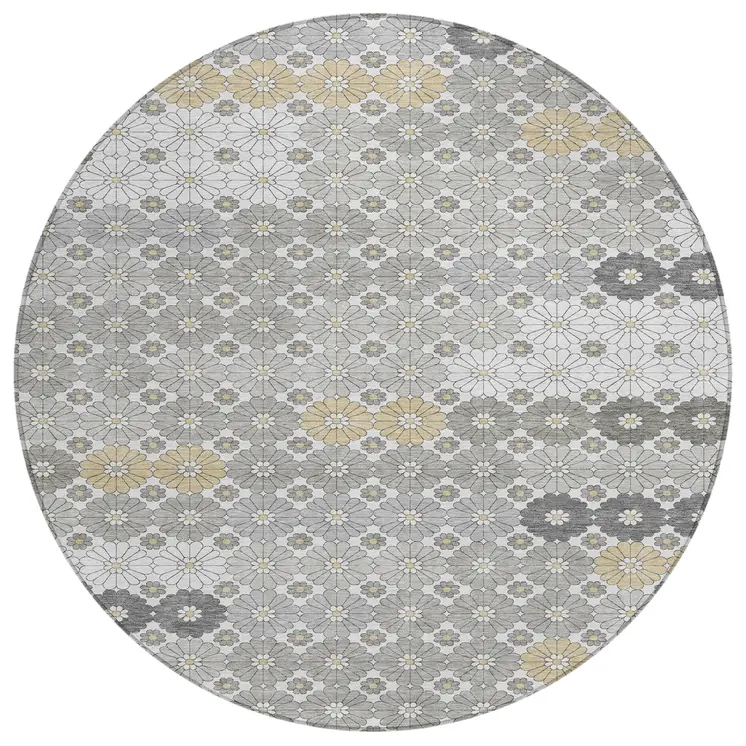 8' Gray Beige And Ivory Round Floral Washable Indoor Outdoor Area Rug