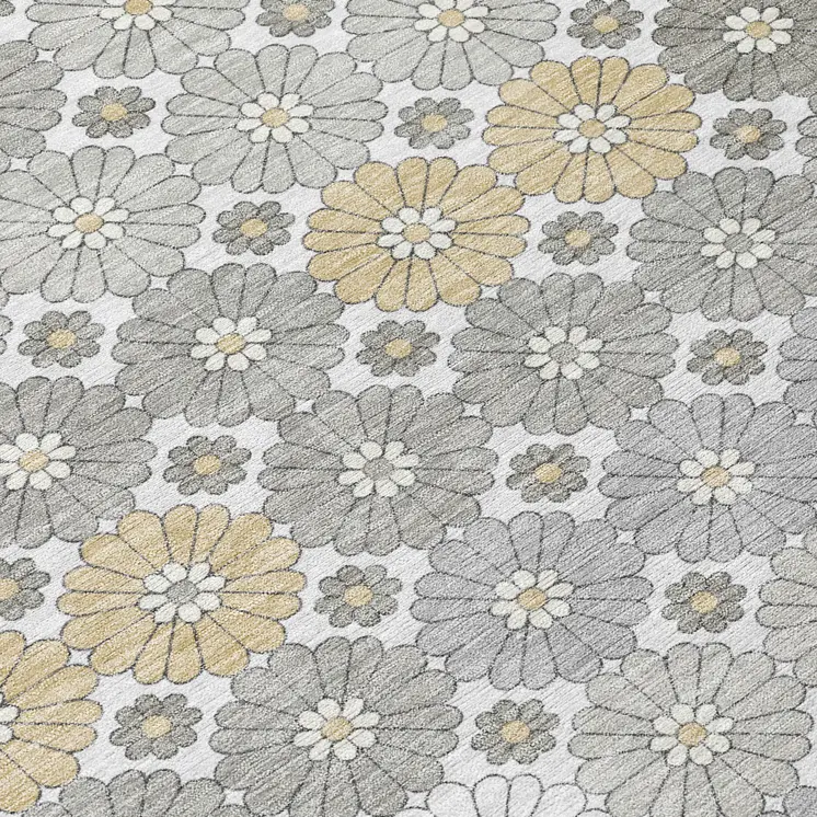 8' Gray Beige And Ivory Round Floral Washable Indoor Outdoor Area Rug