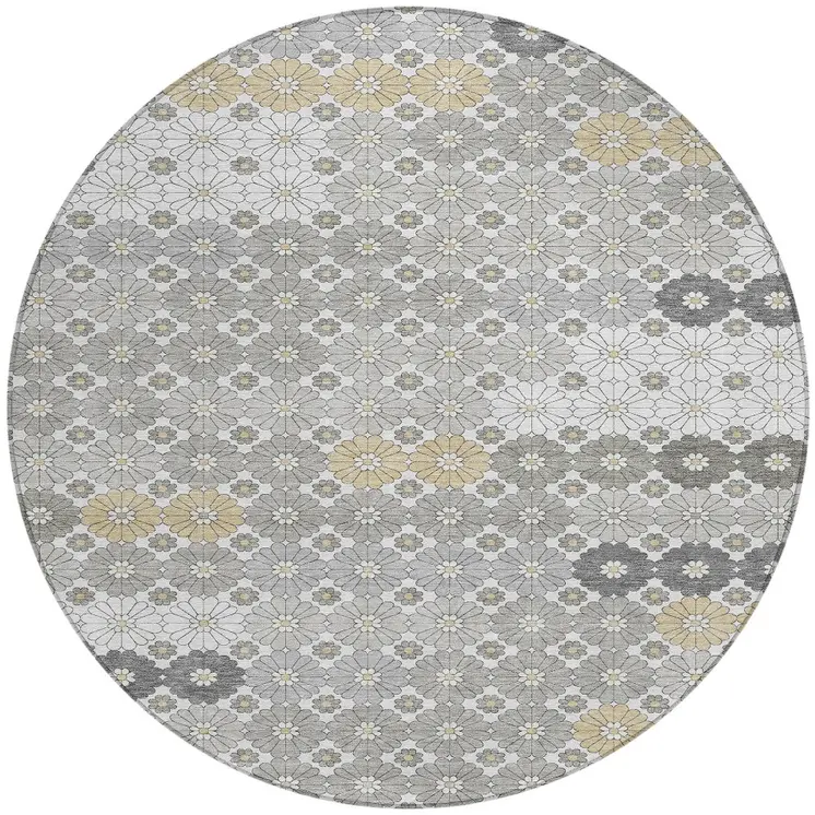 8' Gray Beige And Ivory Round Floral Washable Indoor Outdoor Area Rug